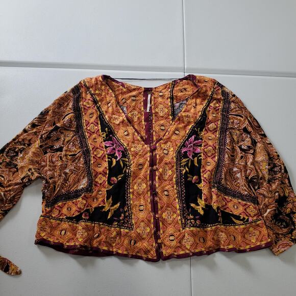 Free People Blouse Womens Small Boho Paisley Floral Crop Whimsy - Picture 2 of 9